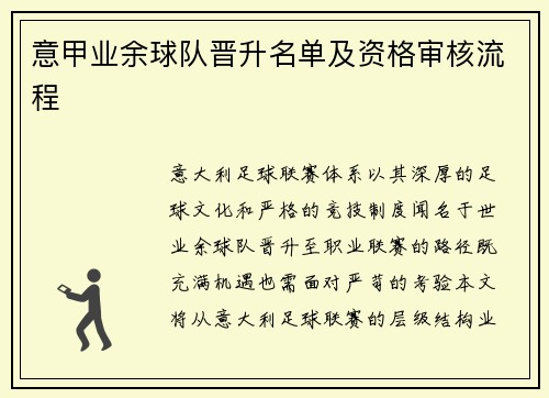 意甲业余球队晋升名单及资格审核流程